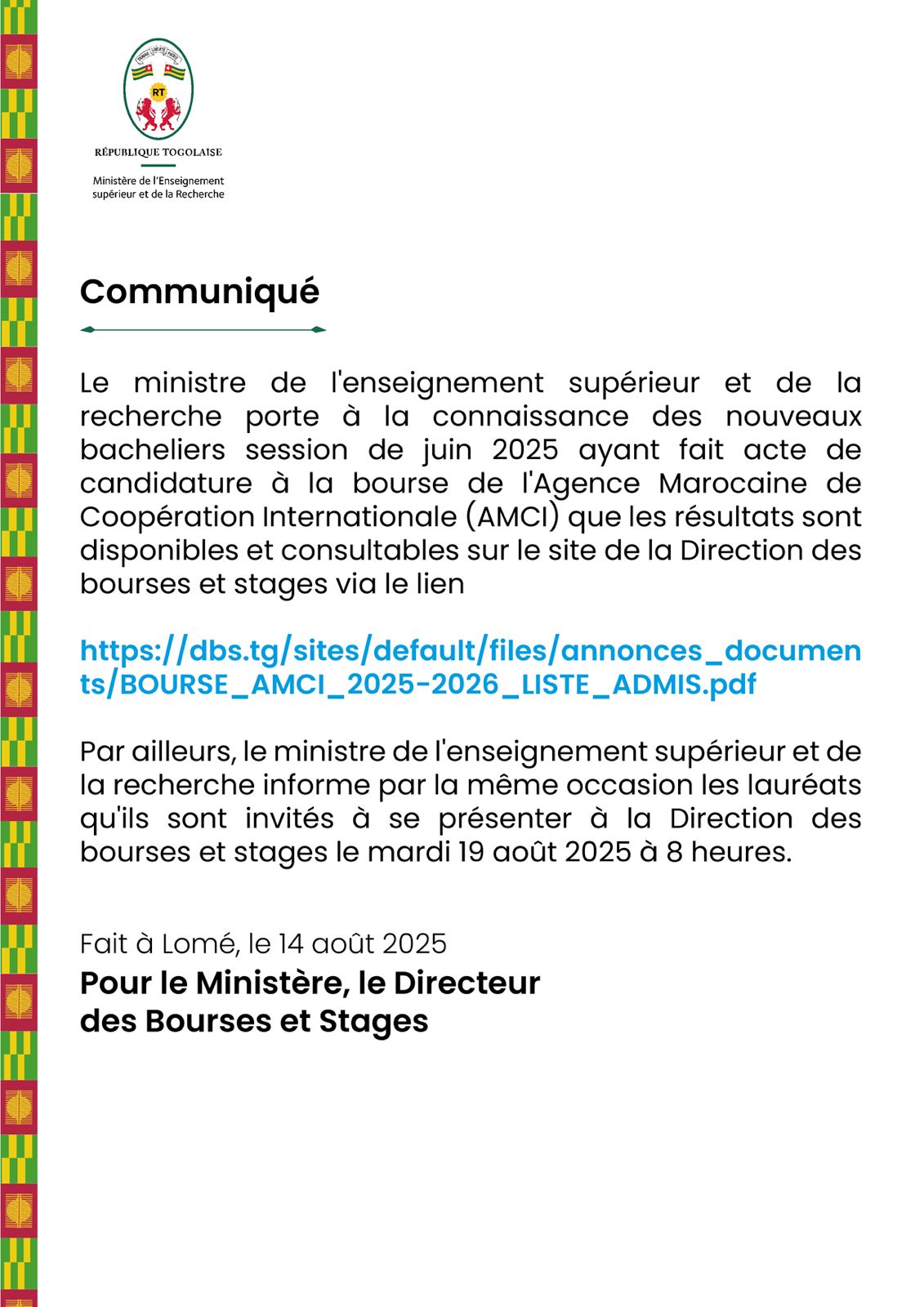 COMMUNIQUE DU MINISTRE SUR LA LISTE DES ETUDIANTS RETENUS POUR LA BOURSE DE L'AMCI_MAROC 2025-2026